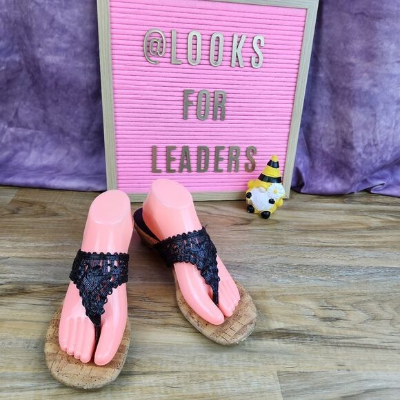 💜DexFlex Comfort Black Wedge Sandals Size 9.5 - Picture 3 of 15